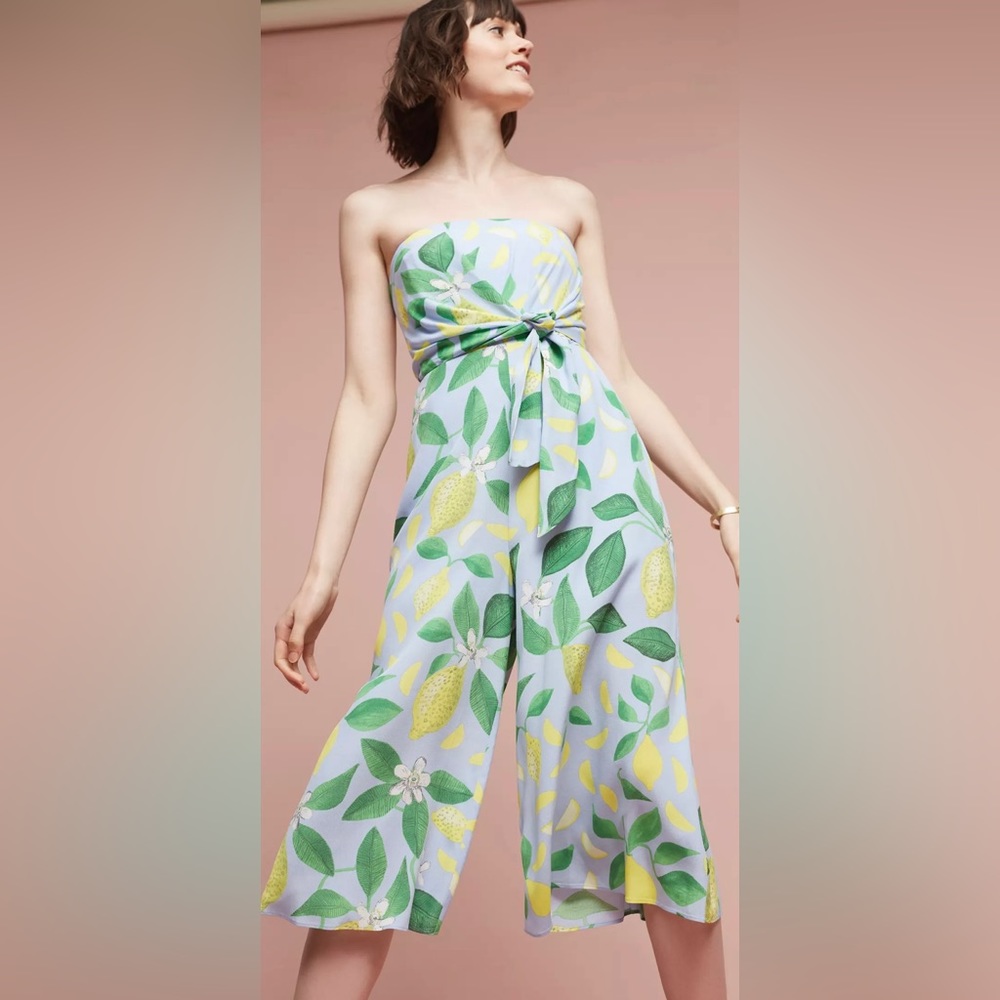 Anthropologie Maeve blue lemon grove strapless tie knot cropped jumpsuit